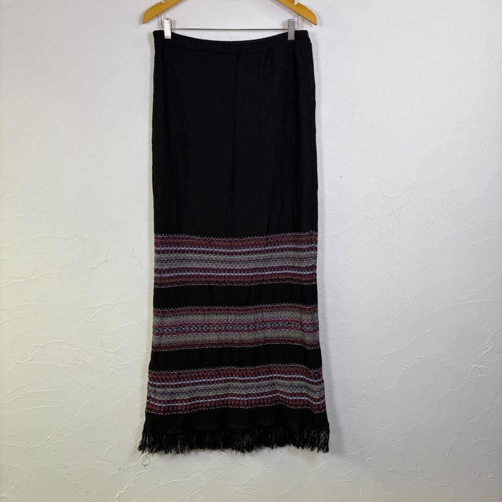 Double D Ranch Womens Southwestern Fringe Knit Maxi Skirt L Black Boho Western
